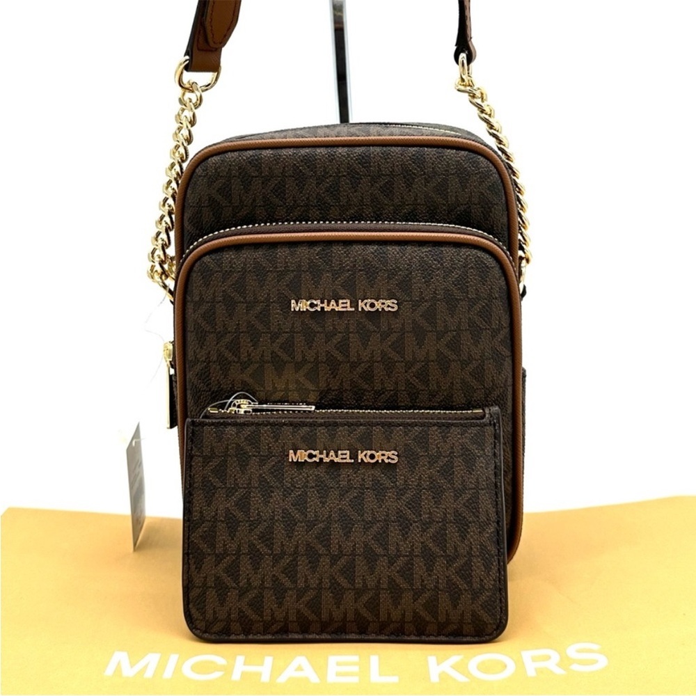 Michael Kors Medium NS Chain Xbody Bag & Small TZ Coinpouch w/ID Brown/Gold